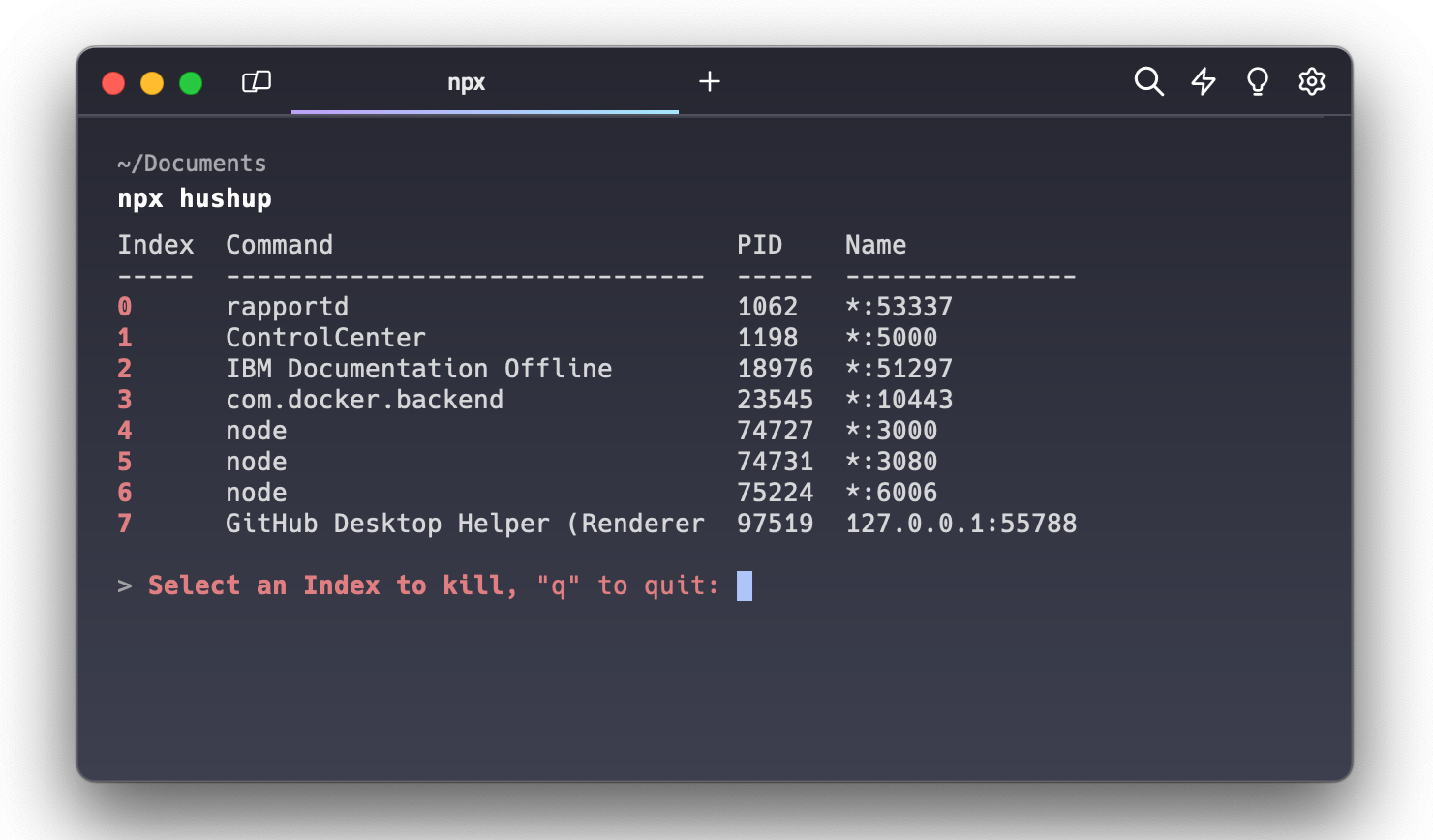 hushup cli tool displaying a table of currently open ports and an index that can be used to close them.