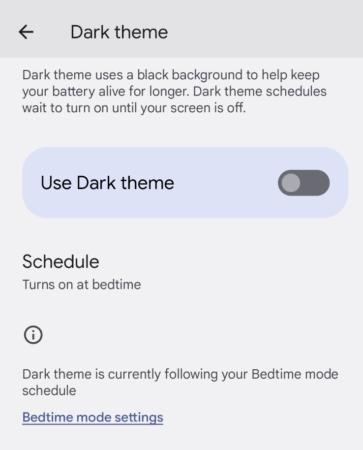 The Android theme controls also allow for scheduling for when a particular theme should be applied